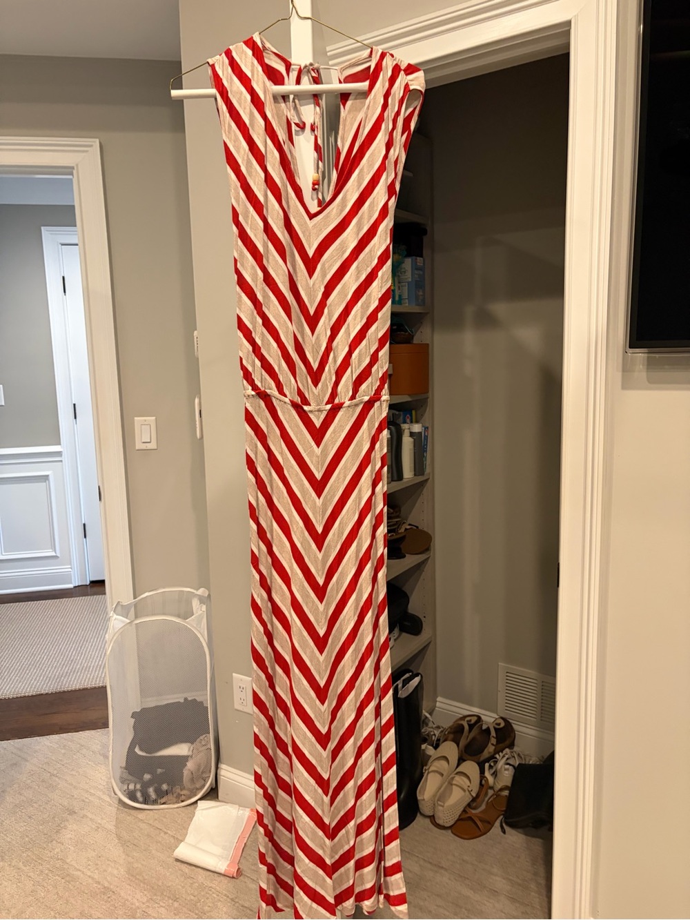 Red and beige chevron maxi dress